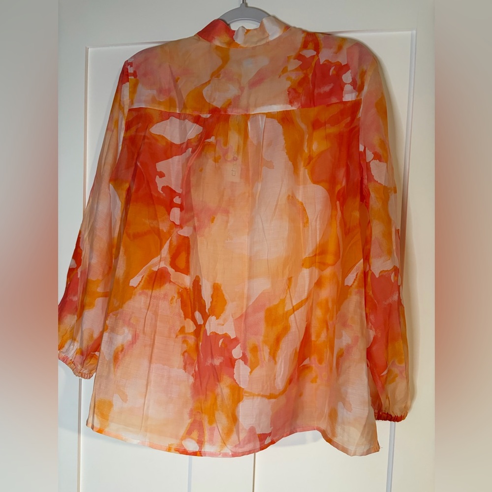 Chicos Pintuck Collar Shirt Watercolor Blend Alabaster Orange Pink Blouse 2 L 12 - Picture 5 of 9